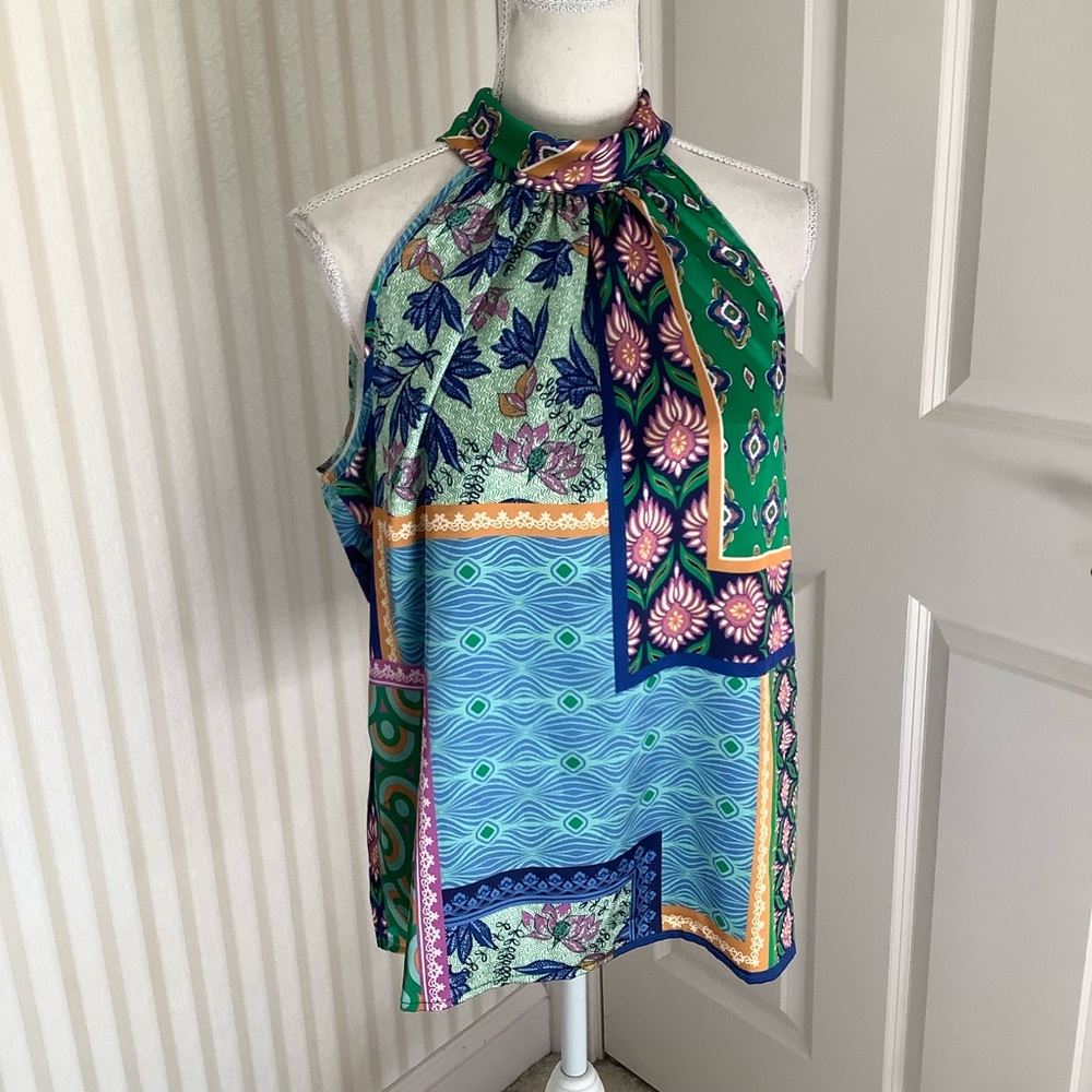 Rachel Zoe Green Blue Multi-Print Halter Top NWT